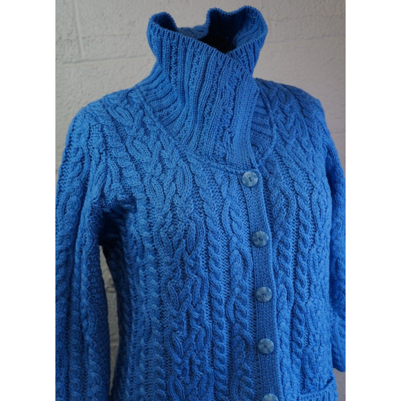 Aran Craft Blue Wool Button Front Cardigan Sweater w/ Pockets New Size L - Picture 10 of 11